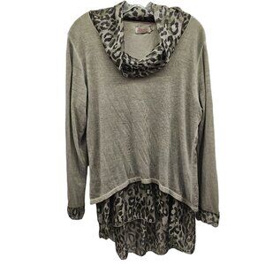 Elissia Women's XL Gray Knit Long Sleeve Blouse with Leopard Print Chiffon Layer